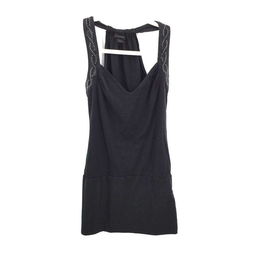 Express y2k glam party club Black Beaded bling accent long-line Tank Top XS